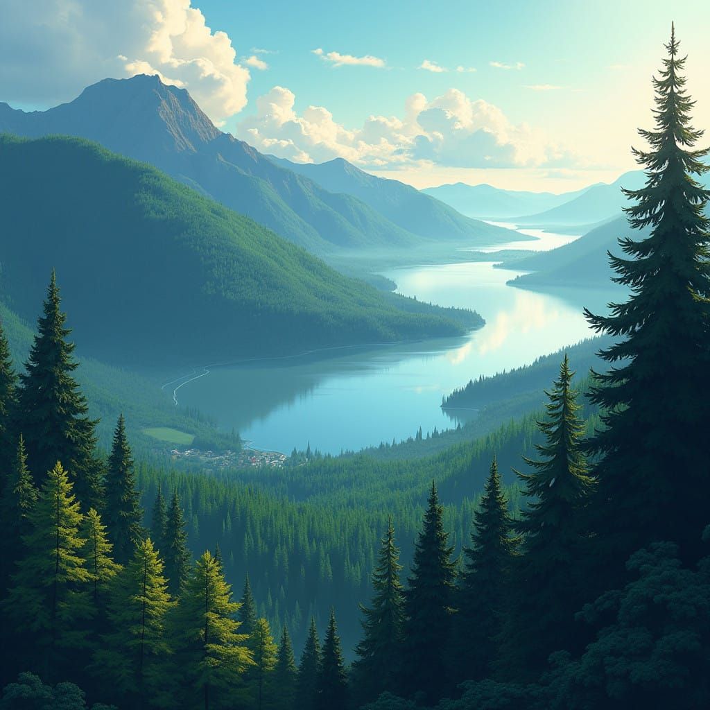 Panoramic Mountain Forestscape in Cel-Shaded Style