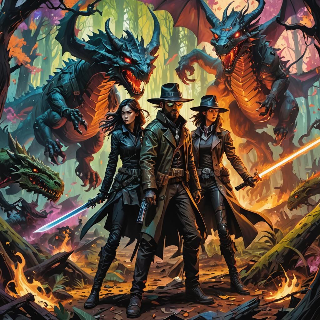 Cyberpunk Cowboy Wizard Dragon Battle in Graffiti Style