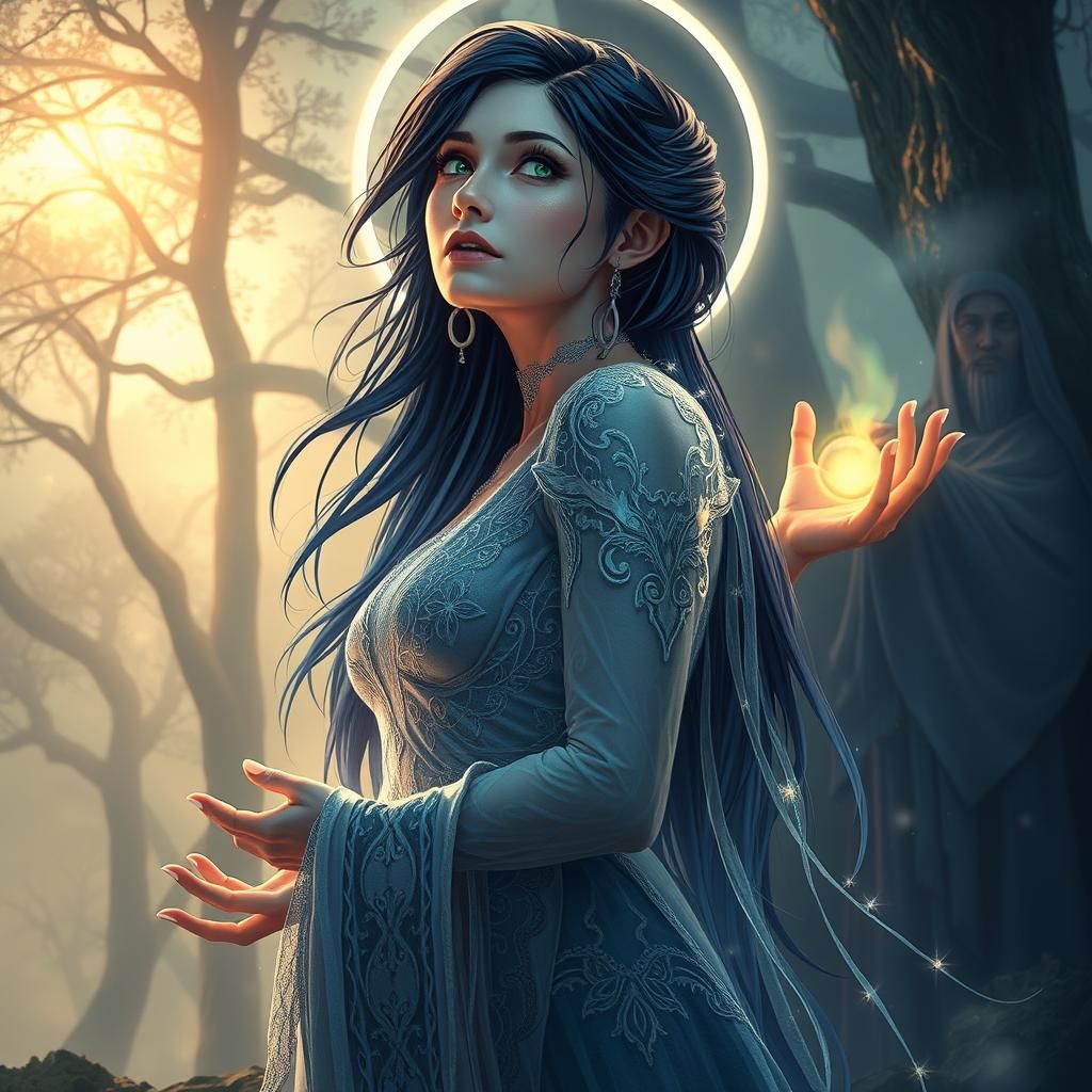 Ethereal Aasimar Oracle in Mystical Forest