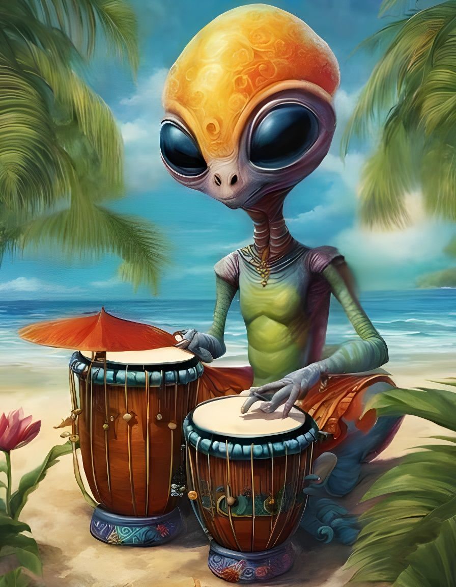 A cute alien playing the bongos
