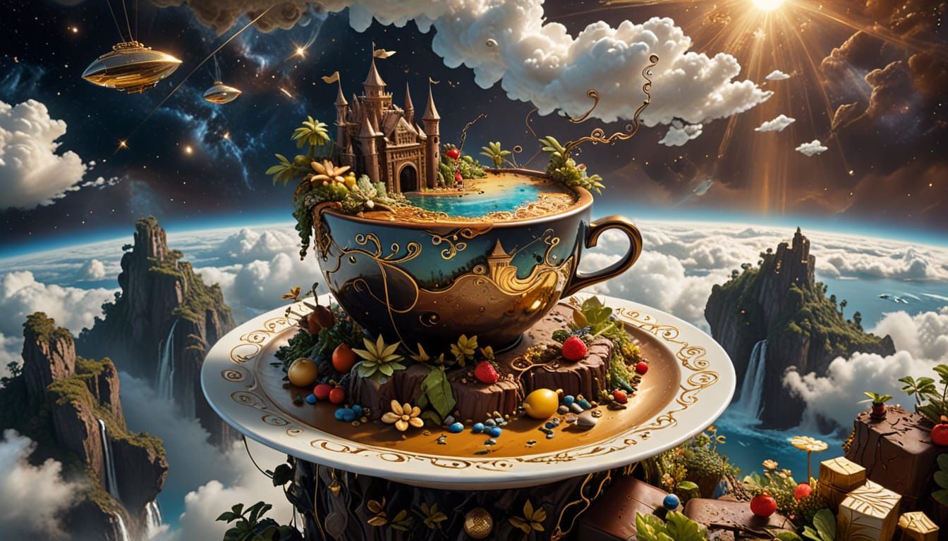 Floating Islands in Space with Coffee Sculpture