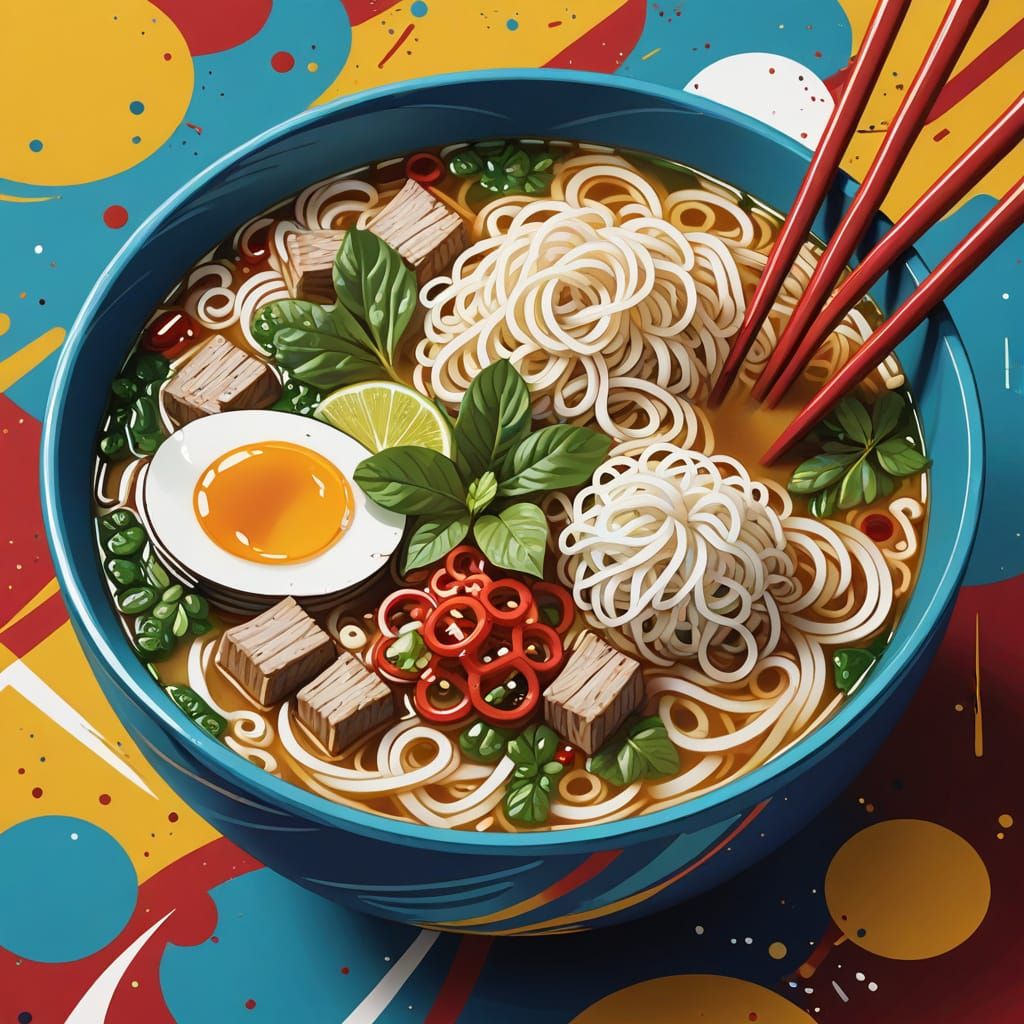 Vibrant Pho Pop Art Poster with Chopsticks and Swirling Colo...