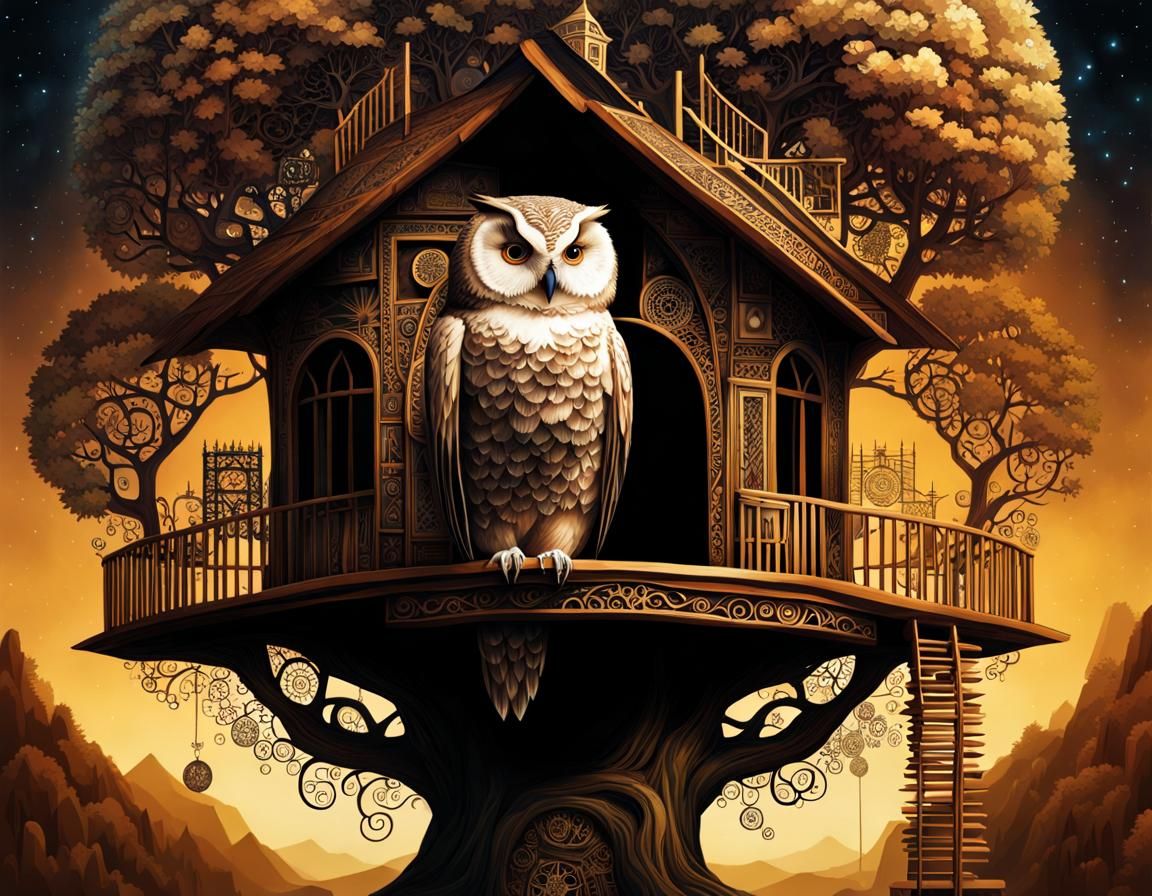 Geometric Owl in Fairytale Treehouse, Stained Glass Style