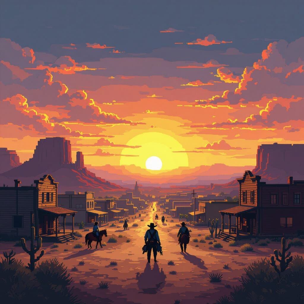 8-Bit Western Town Sunset in Pixel Art Style