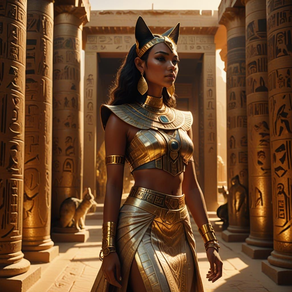 Egyptian Cat Goddess in Golden Sunlight, 8K