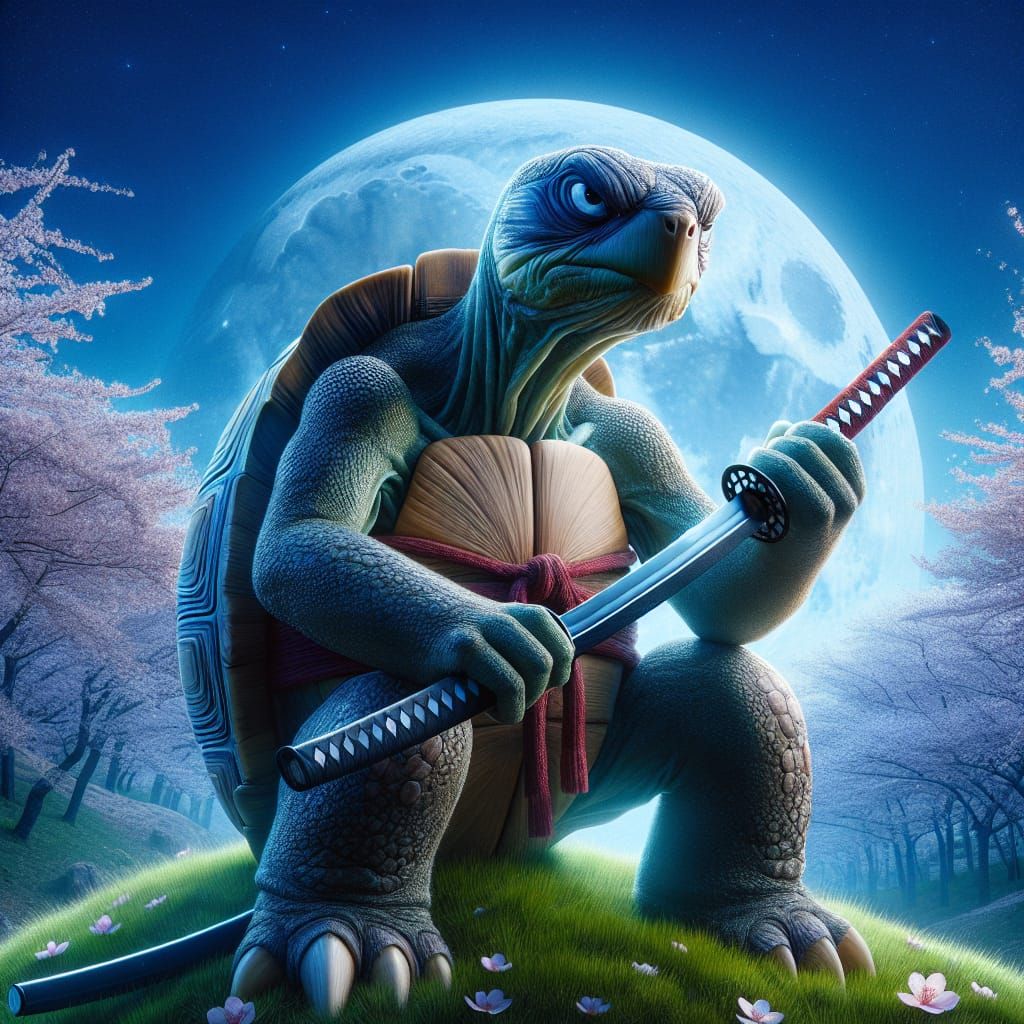 Anthropomorphic Ronin Tortoise with Katana in Moonlight