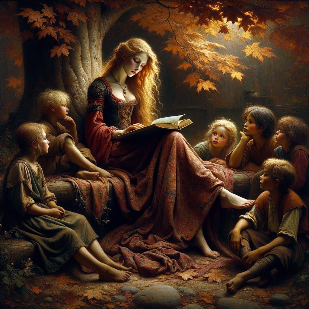 Norse Goddess of Storytelling in Enchanted Village Setting