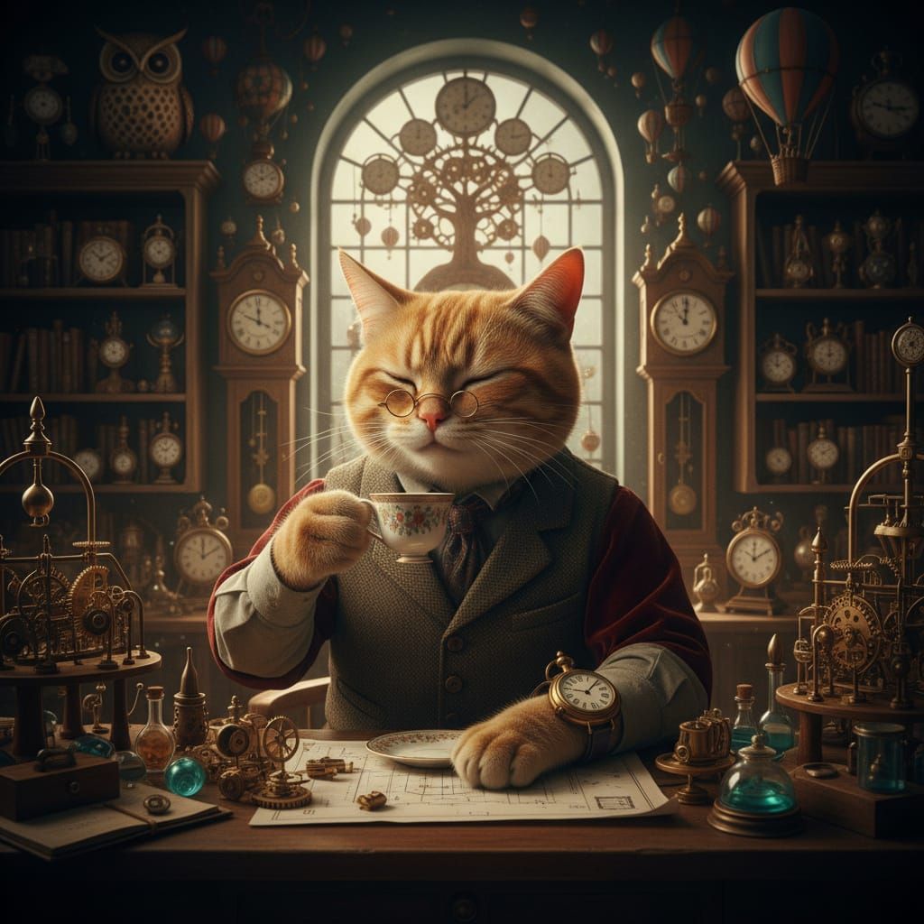 Anthropomorphic Cat Clockmaker with Pocket Watch