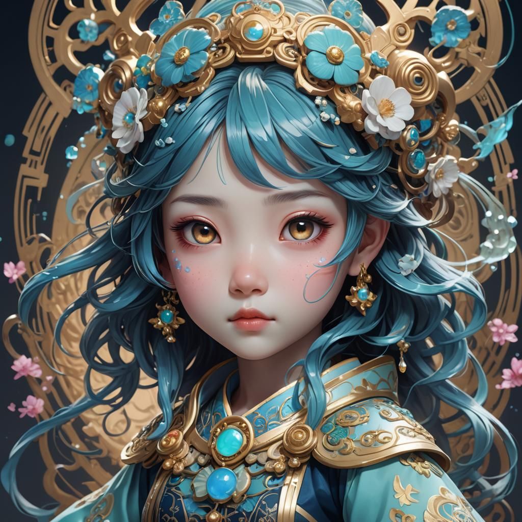 Bioluminescent Yokai Princess: Detailed Digital Portrait