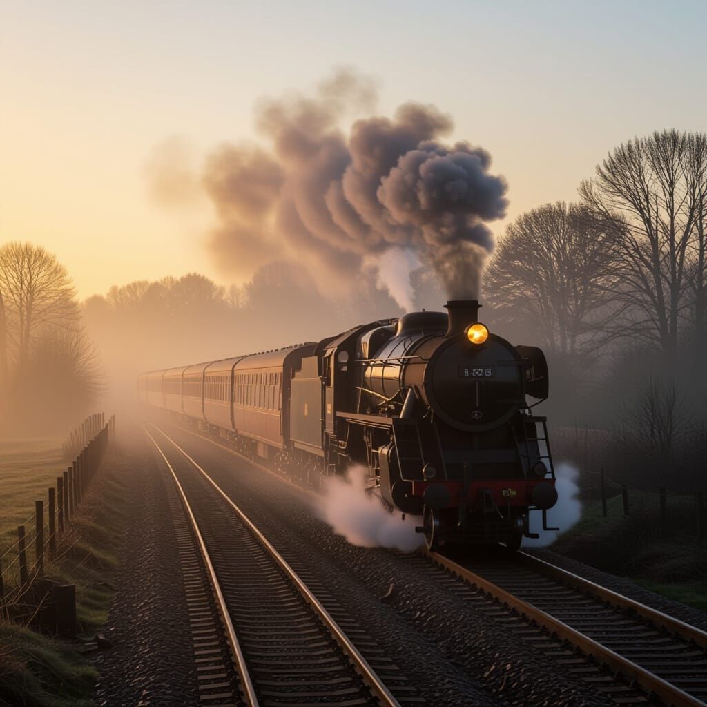 Vintage Train Speeds Through Dawn Fog in Cinematic Realism