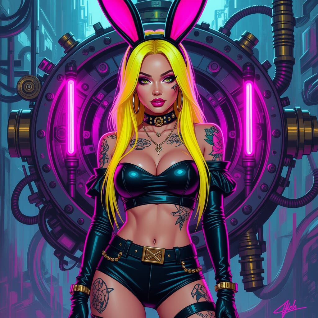 Steampunk Lady in Neon Rabbit Outfit