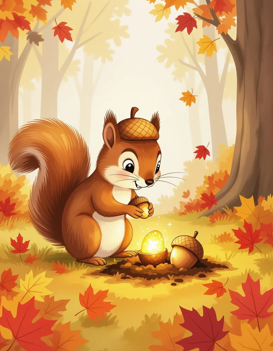 Mischievous Squirrel Buries Magical Nut in Autumn Leaves