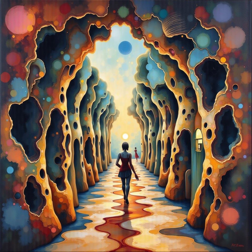 Liminal Hallway of Eternal Choices in Surreal Style