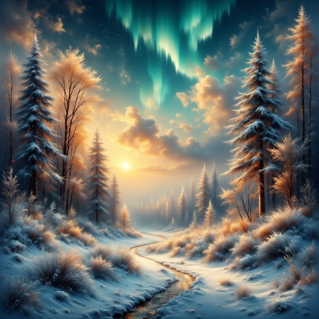 Golden Snowflakes Illuminate Winter Aurora Landscape