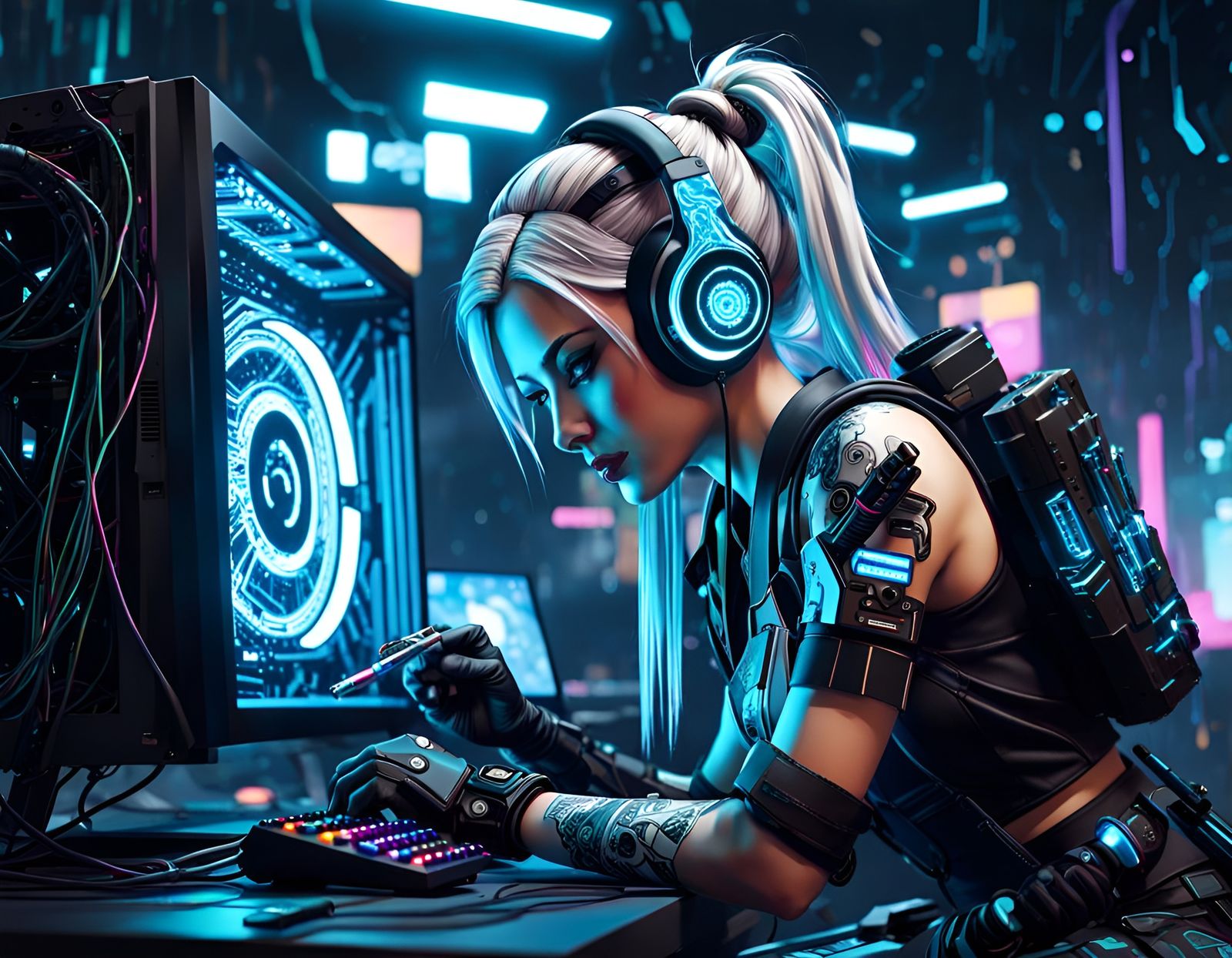 Cyberpunk Girl Assembles Gaming Computer: Digital Art