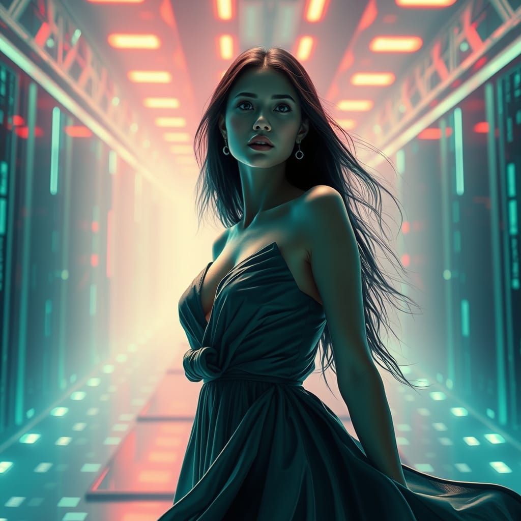 Elegant Cyberpunk Woman Emerges from Distorted Reality