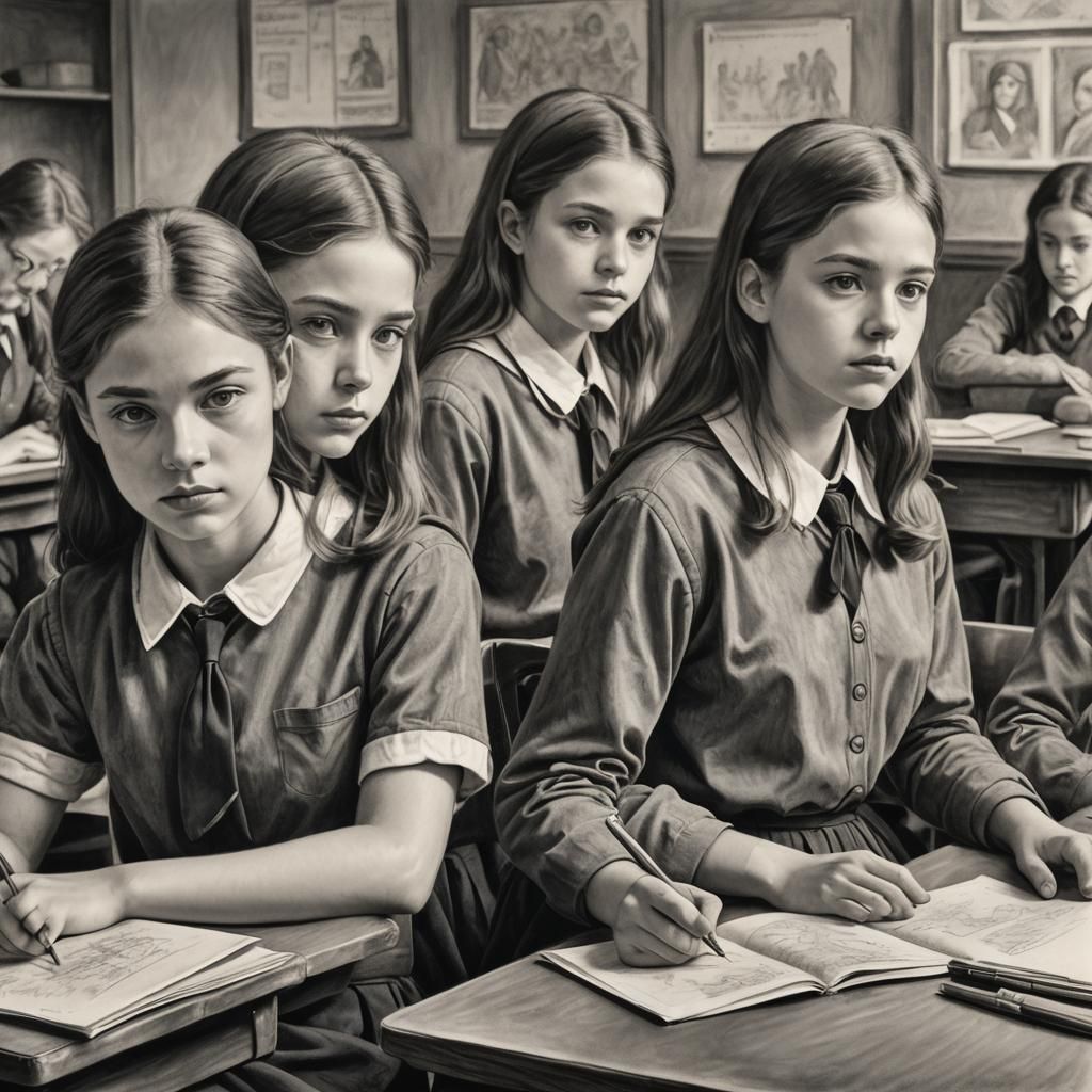 Detailed Charcoal Drawing of Schoolgirls in Classroom