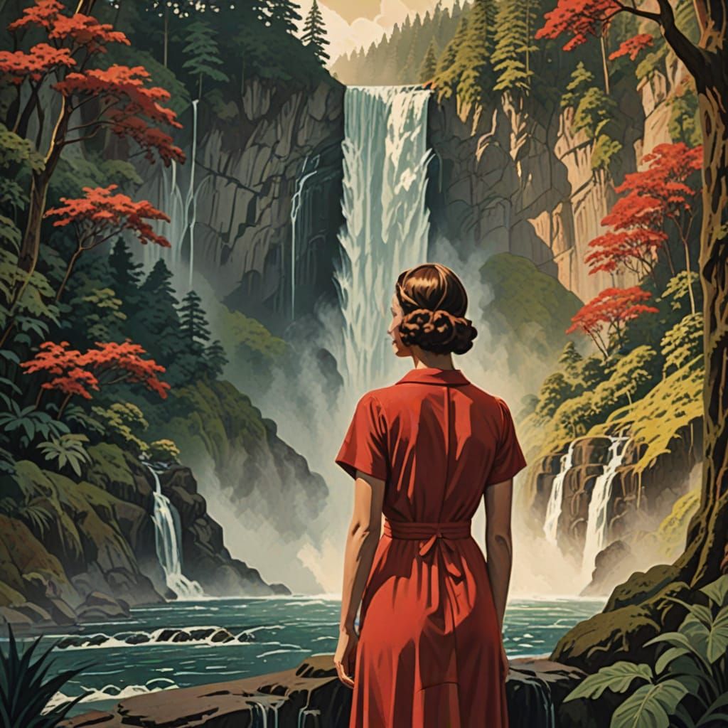 Vintage Travel Poster of Woman at Waterfall