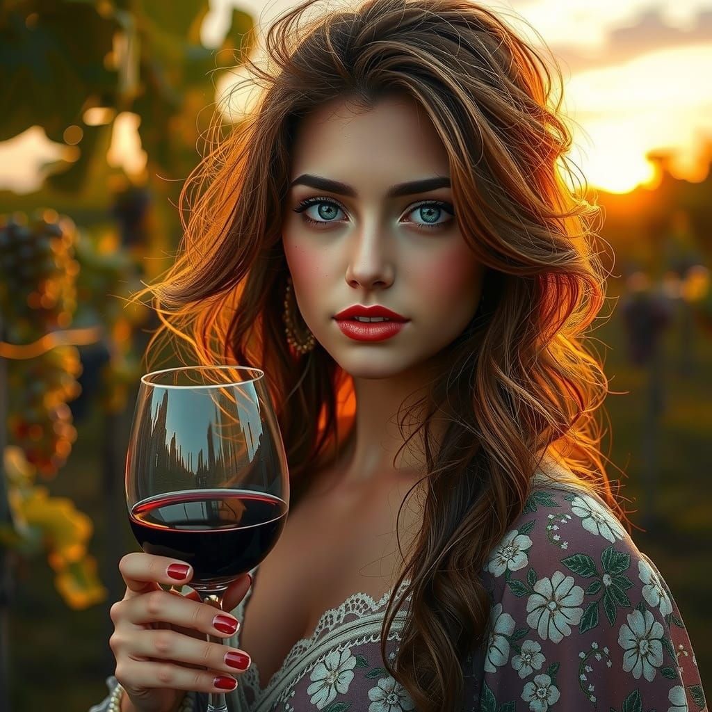 Ethereal Vineyard Goddess in Sunset Glow