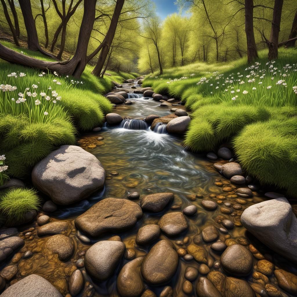 Hyperrealistic Crystal Clear Spring with Babbling Brook