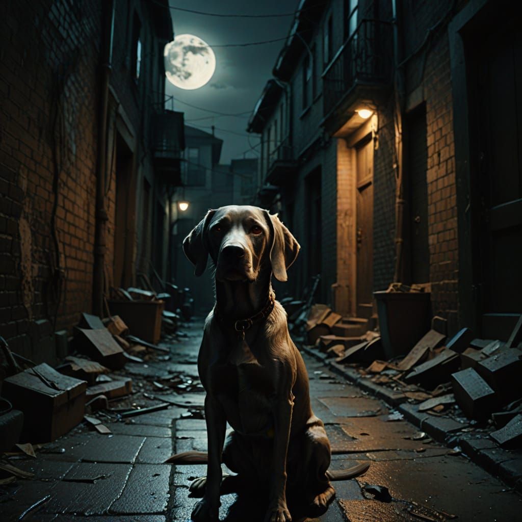 Eerie Weimaraner in Dark Alleyway, Inspired by Guillermo del...