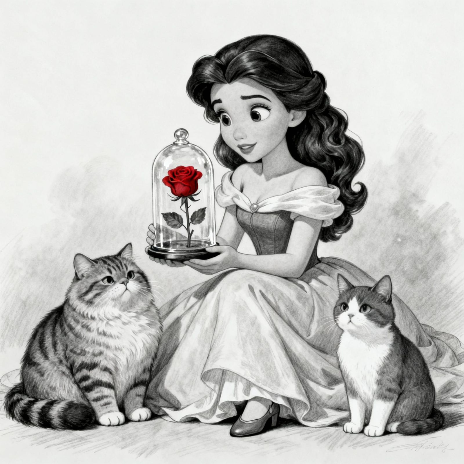 Detailed Sketch of Belle-like Woman Holding Rose with Cats