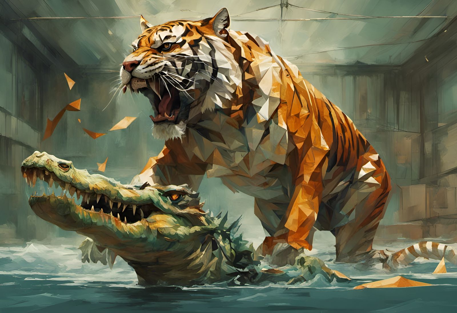 Origami Tiger versus Metallic Crocodile in Action