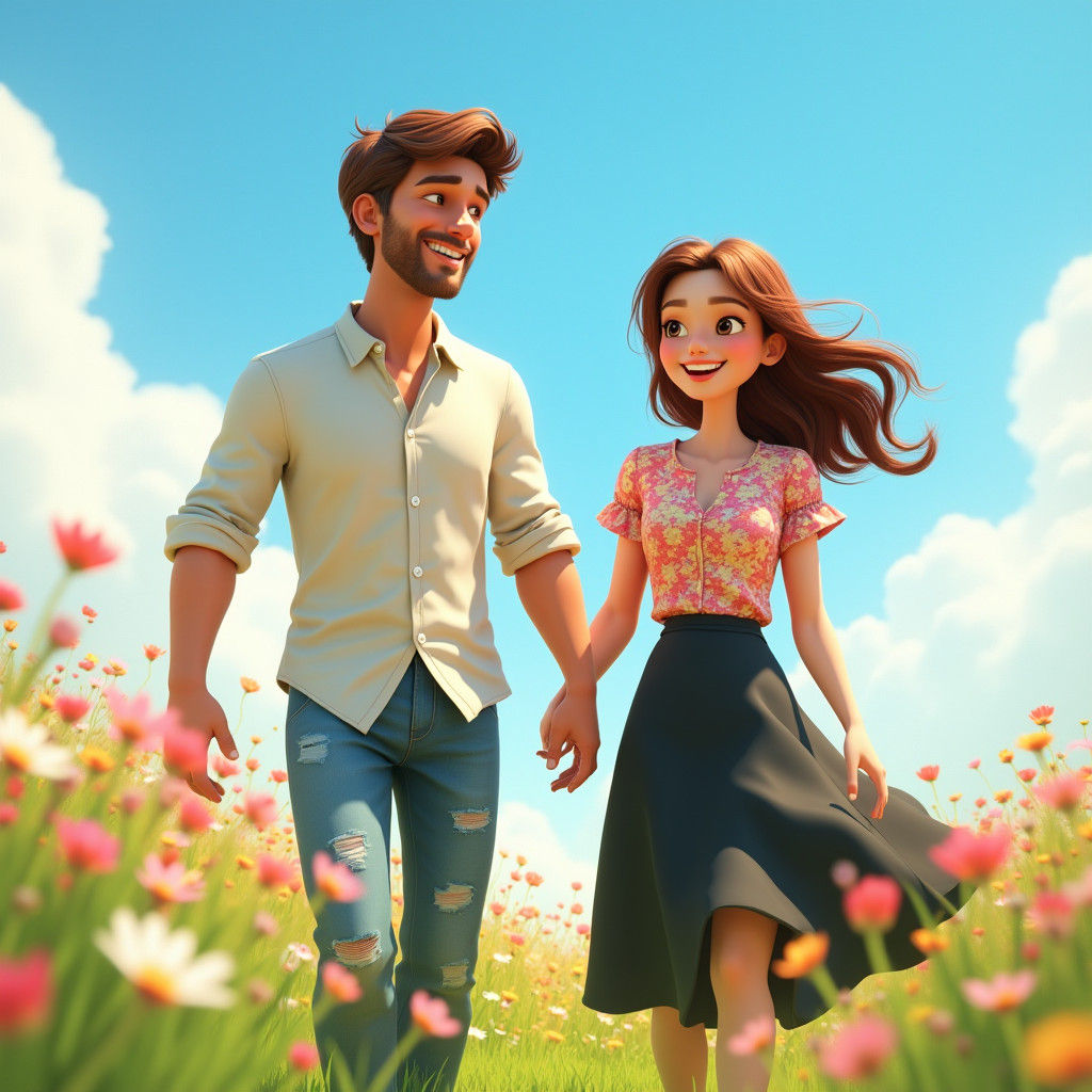 Couple Strolling Through Meadow in 3D Digital Art