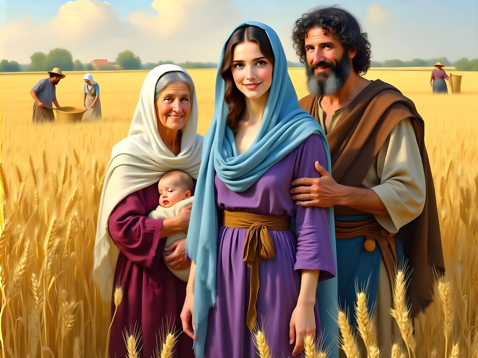 Ruth, Boaz, Naomi, and Obed in Wheat Field