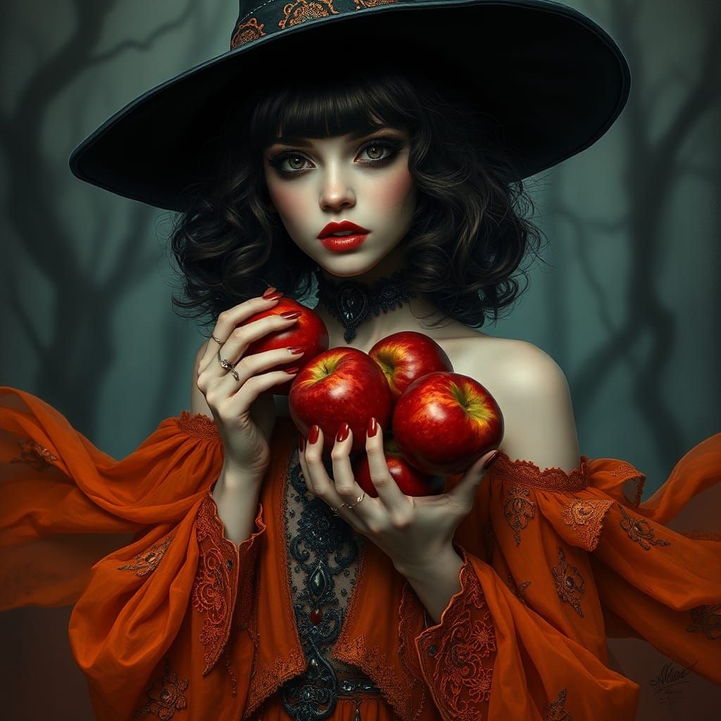 Mystical Gothic Woman with Apples in Fantasy Art Style
