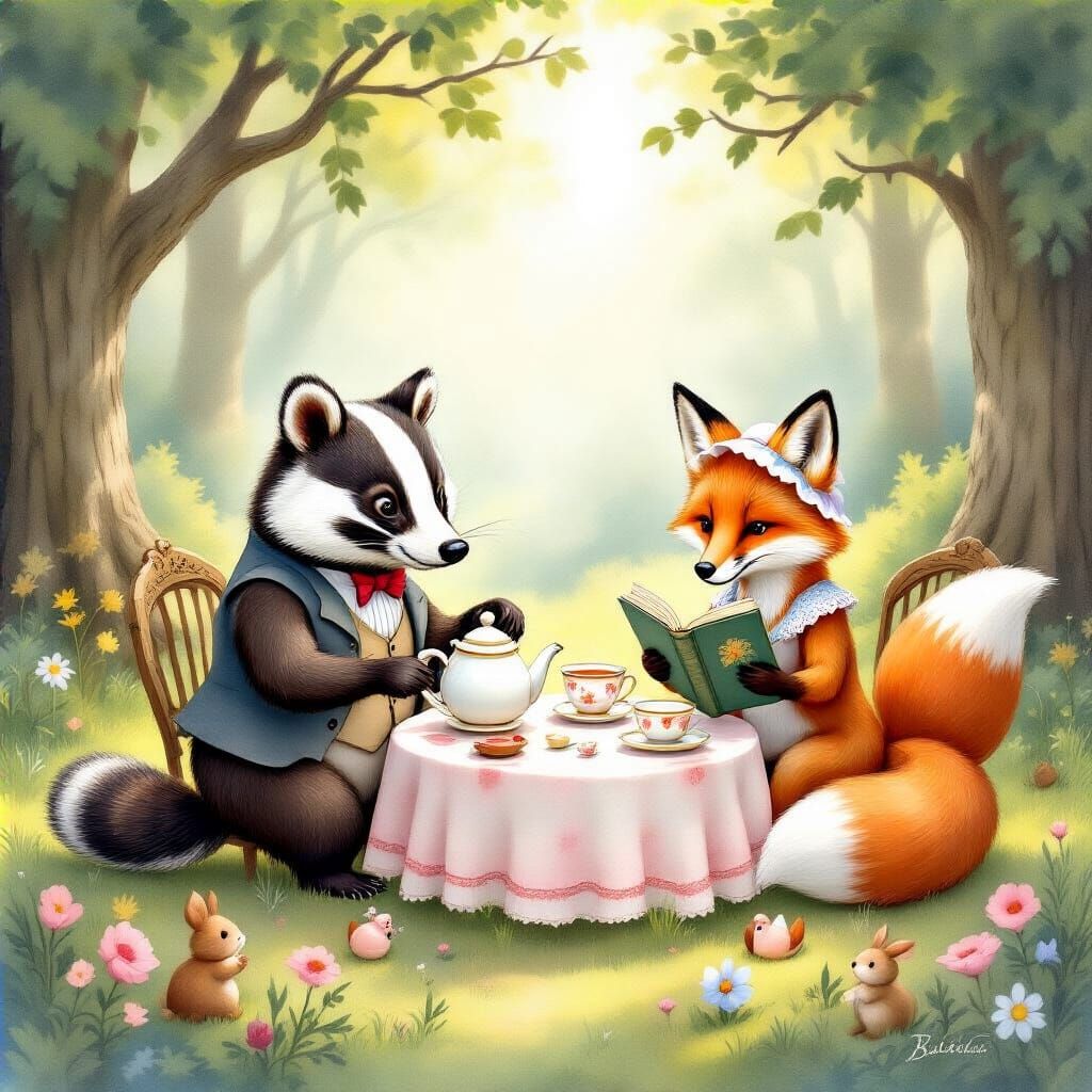 Woodland Creatures Tea Party in Sun-Dappled Clearing