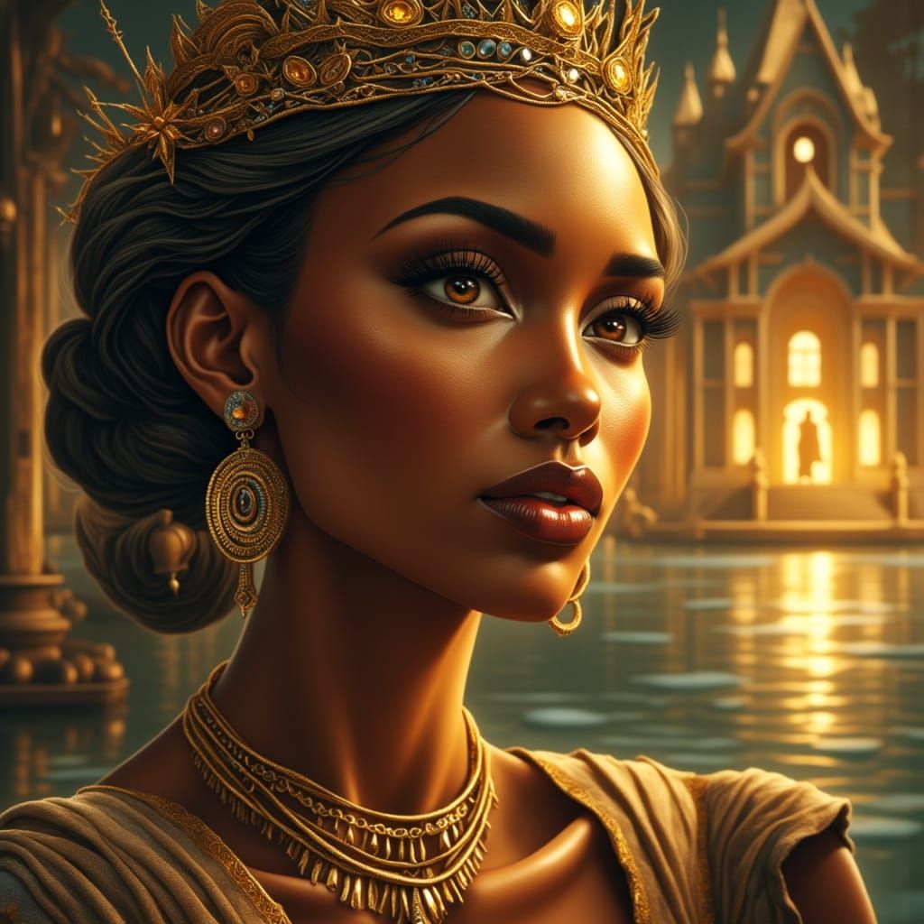 Golden Queen's Serene Gaze in Hyper-Detailed Realism