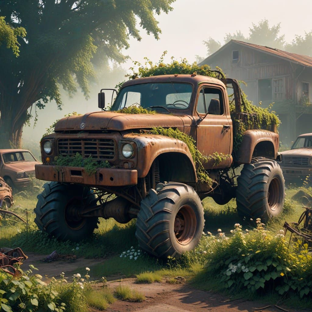 Serene Rural Decay: Monster Truck in Junkyard