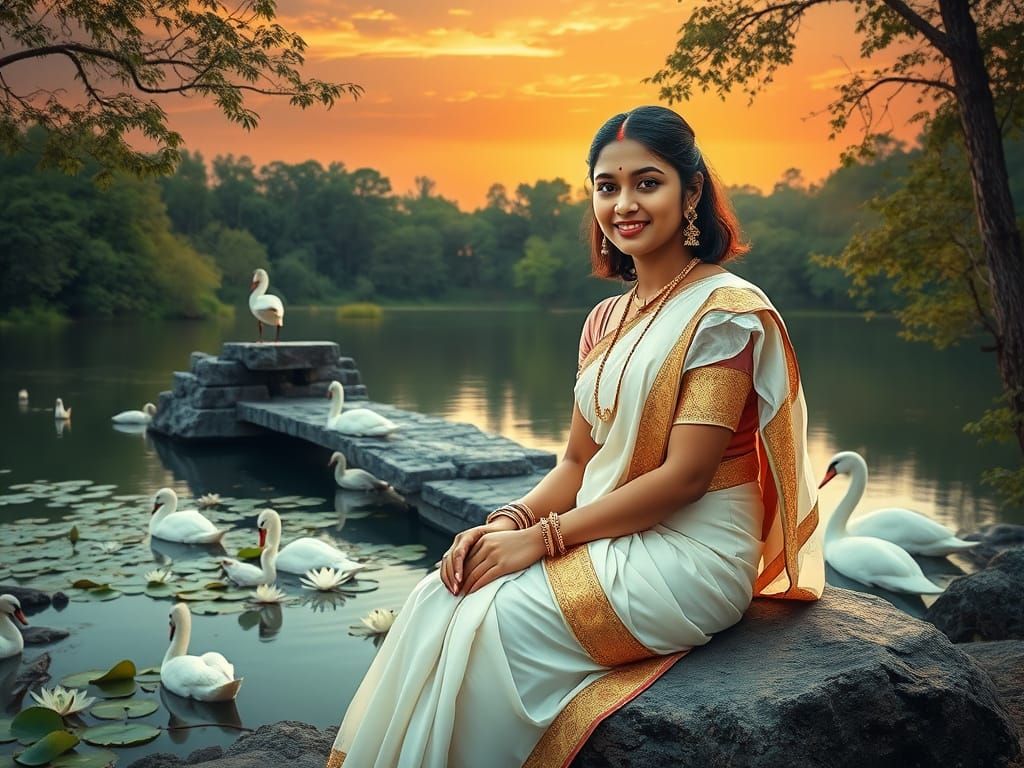 Young Woman in Traditional Saree Admires Sunset on Lake
