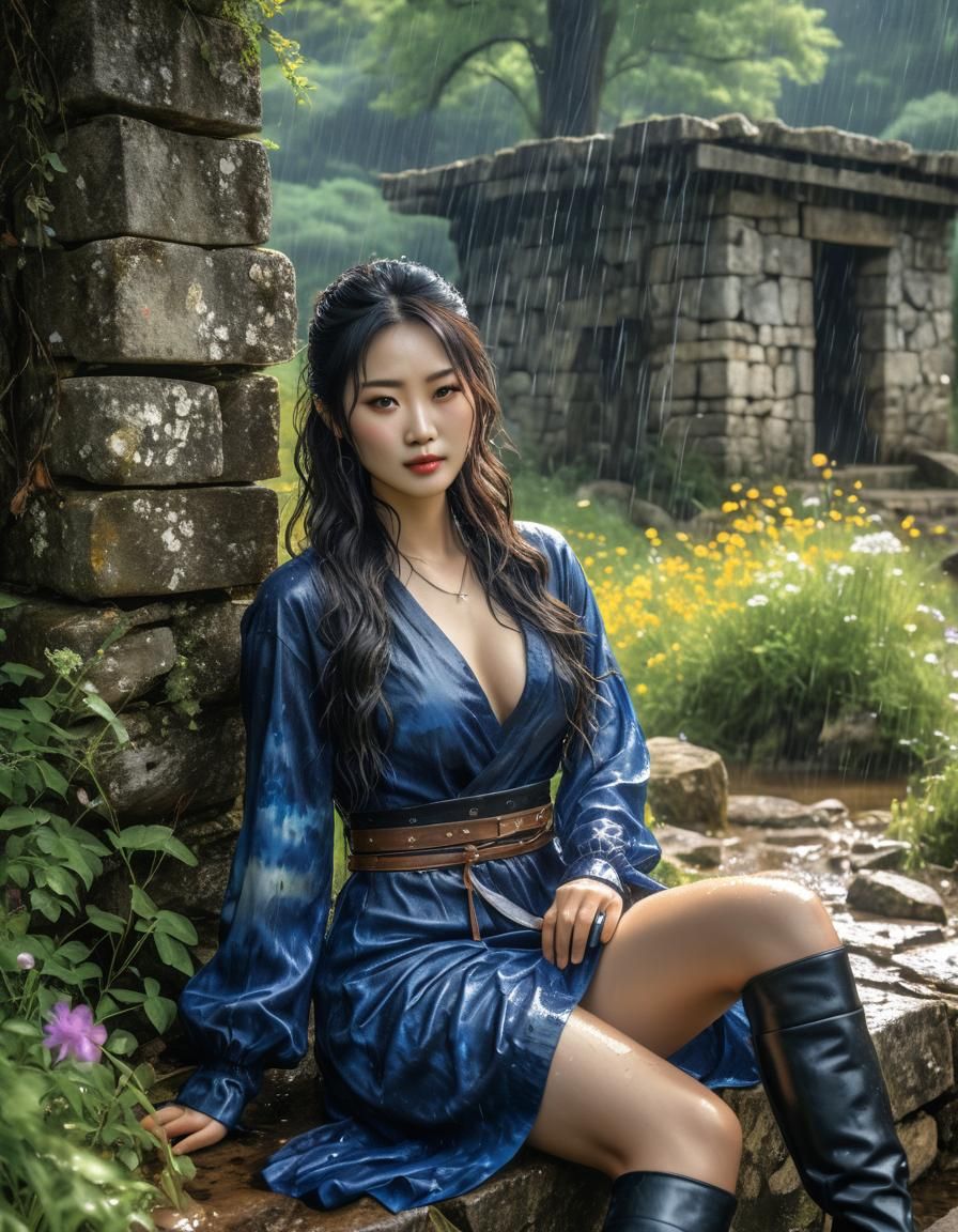 Korean Woman in Wet Kunoichi Dress: Surreal Watercolor