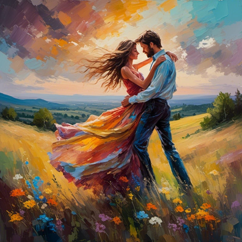 Romantic Couple Dancing Under Summer Sky: Impressionist Oil ...