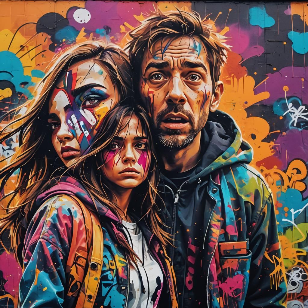 Street Art: Brave Woman Protecting Scared Man