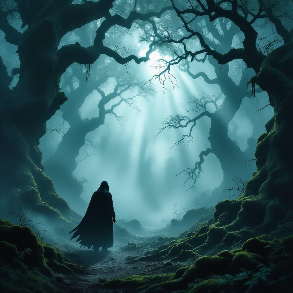 Mysterious Wanderer in Foggy Ancient Forest