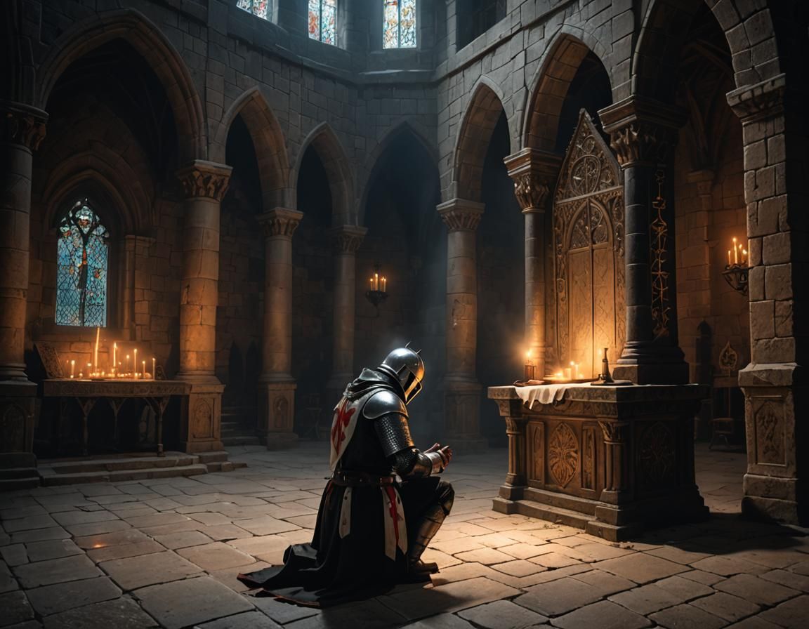Knight Templar Praying in Dark Castle