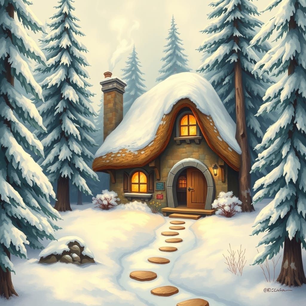 Snowy Hobbit Cottage in Pastel Colors