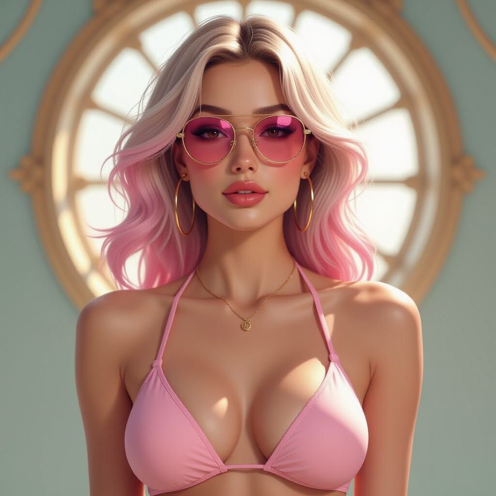 Blonde Woman in Pink Bikini with Pink Hair Streaks