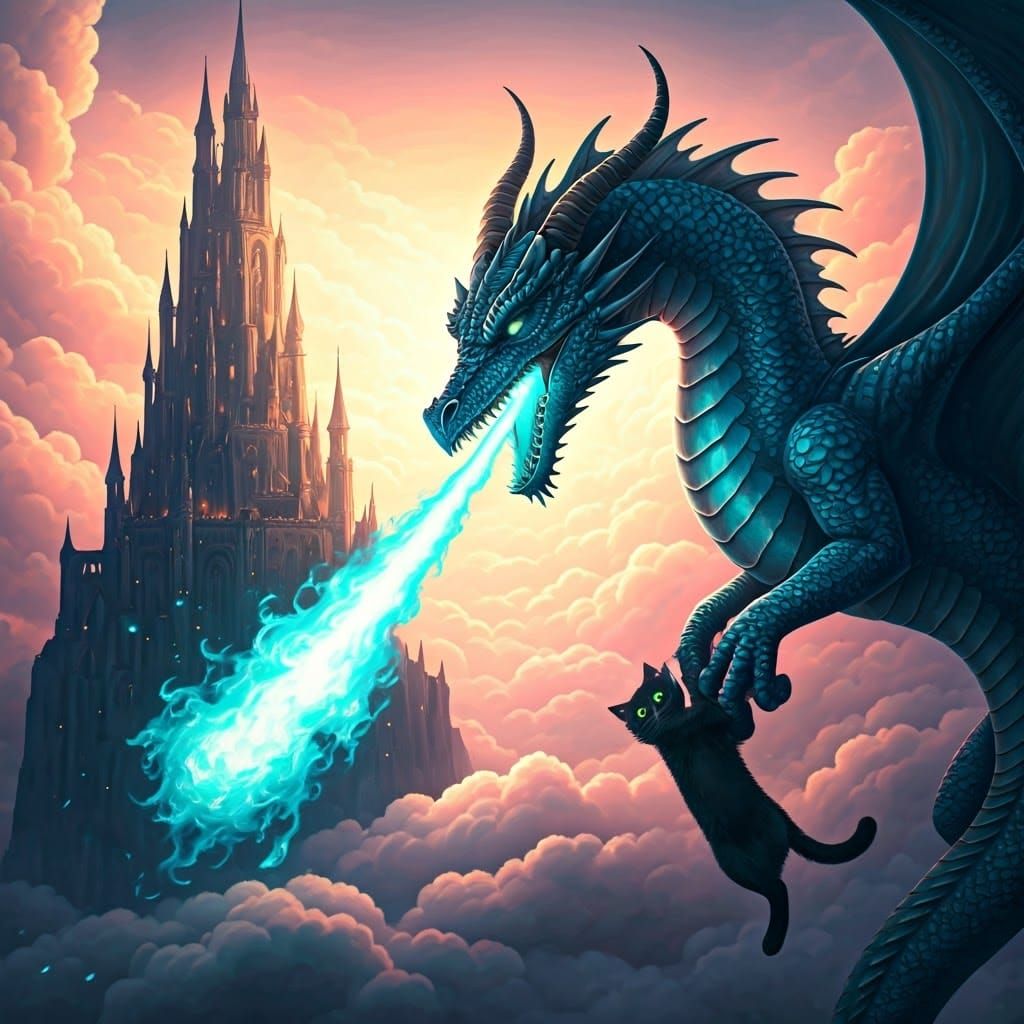 Ethereal Medieval Fantasy Scene with Dragon and Cat