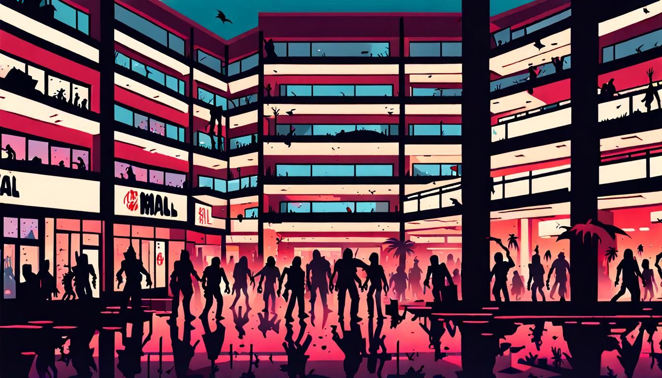 "In the Heart of the Apocalypse, a Shopping Mall Stands as an Island of Sanctuary. Flickering Lights Illuminate the Desp...