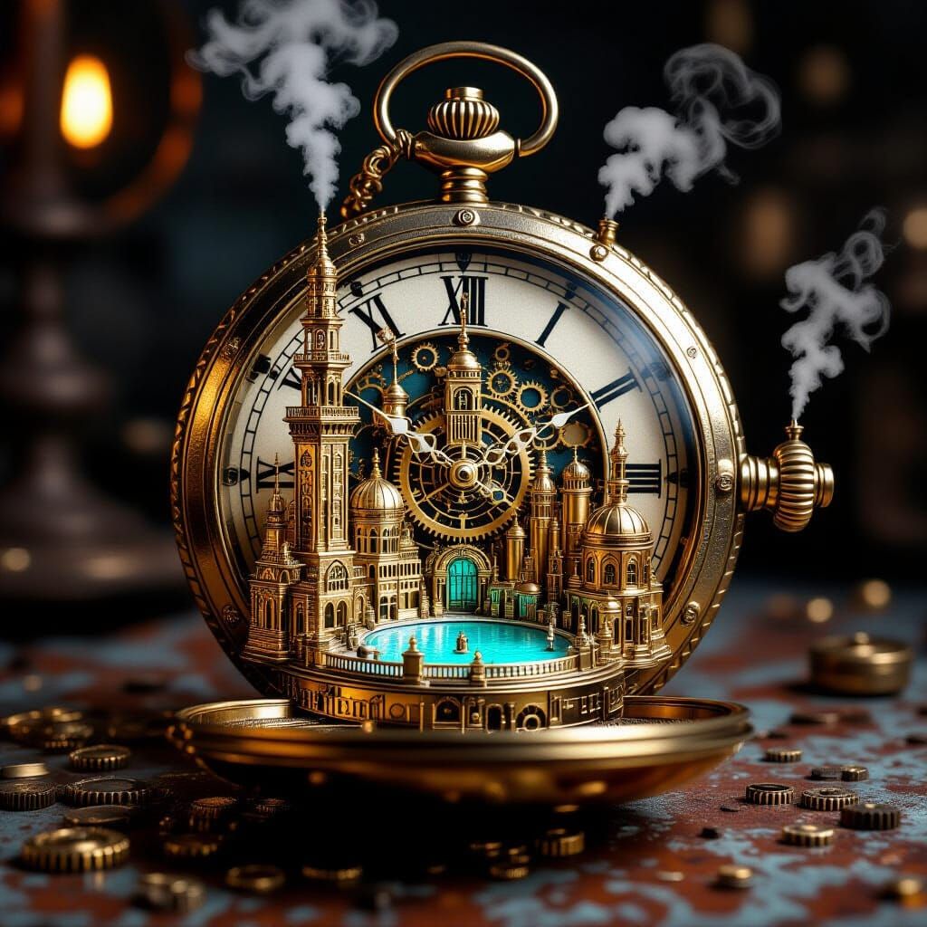 Steampunk Golden City Encased in Ornate Pocket Watch