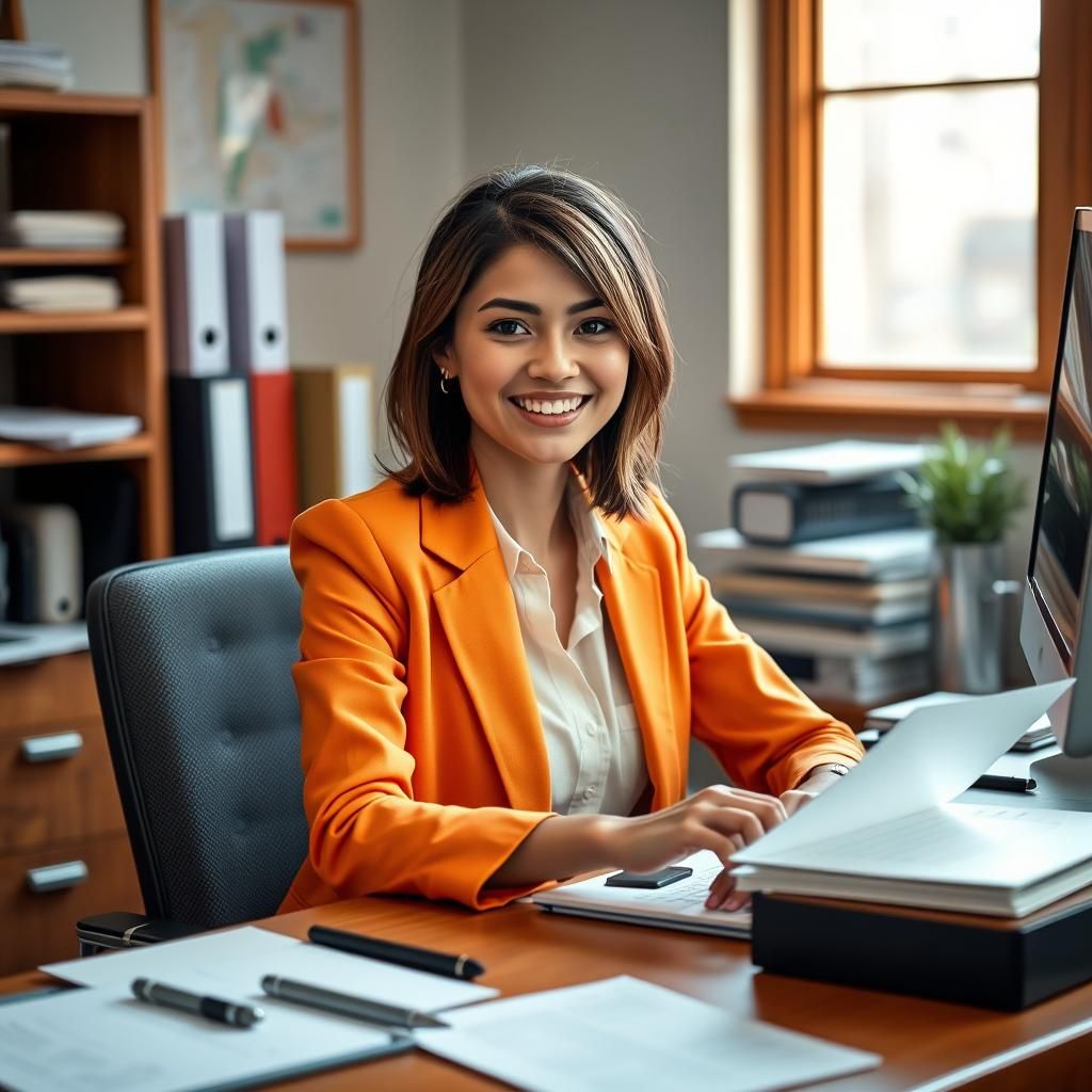 Smiling Woman in Brightly Lit Office: Digital Portrait