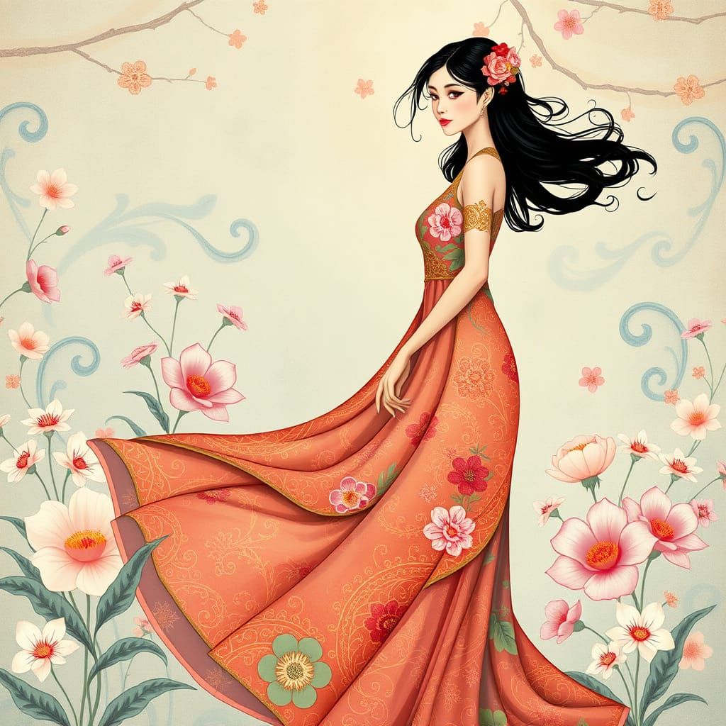 Elegant Chinese Goddess in Whimsical, Dreamy Art Nouveau Sty...