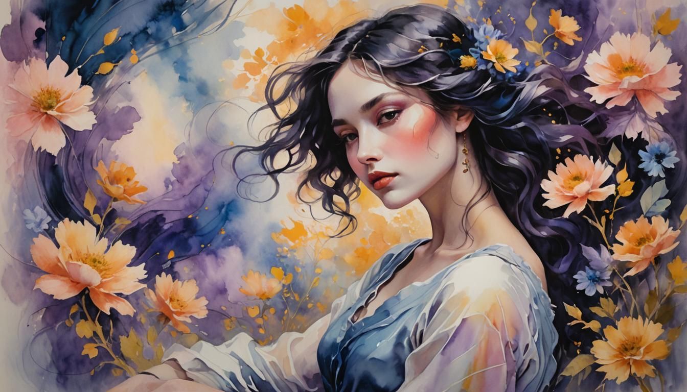 Ethereal Woman in Impressionist Watercolor Portrait