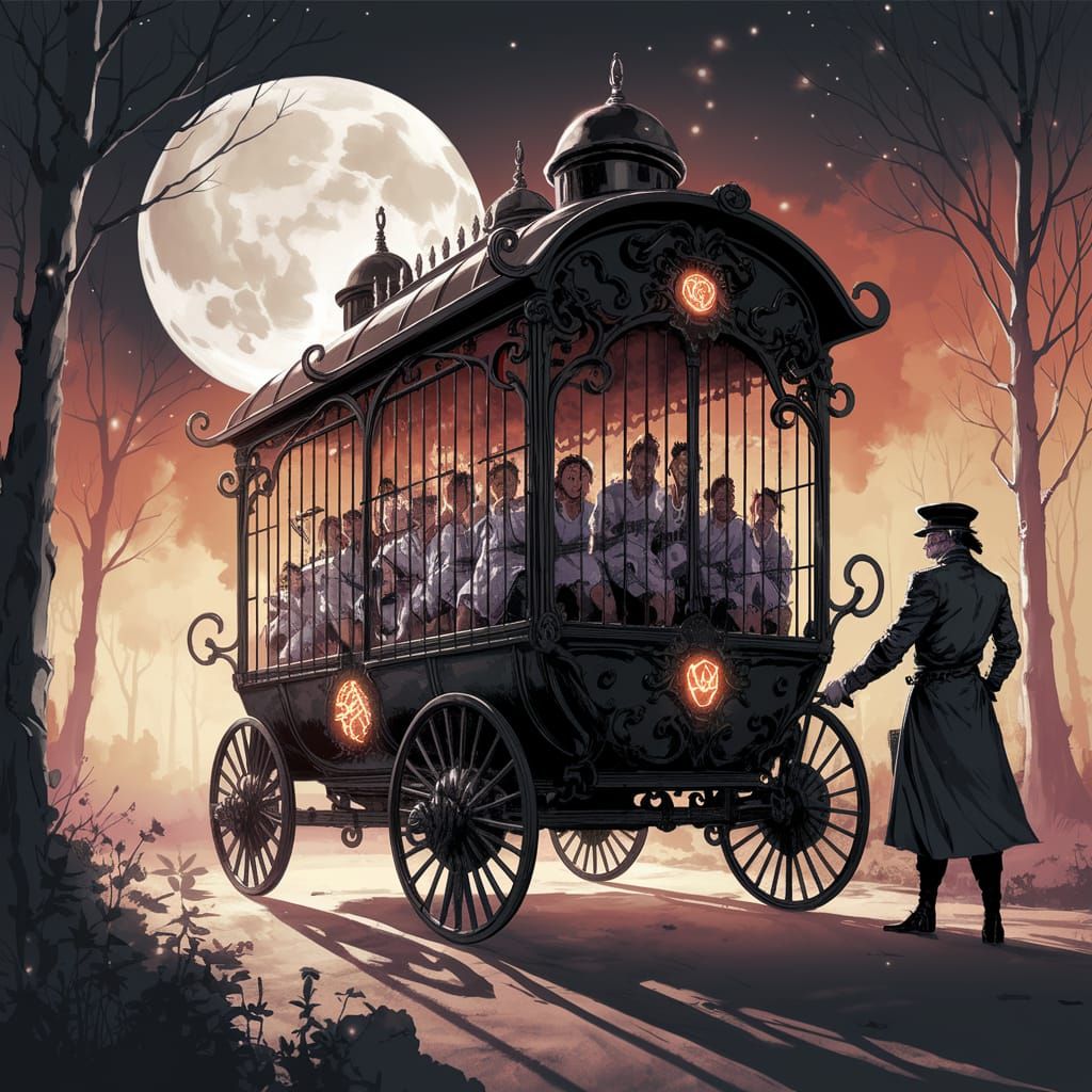 Evil Coachman Leads Frightened Prisoners Through Haunting Fo...