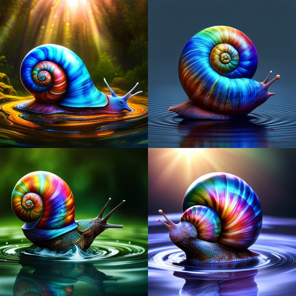Colorful Snail on Water Droplet, Detailed Digital Art