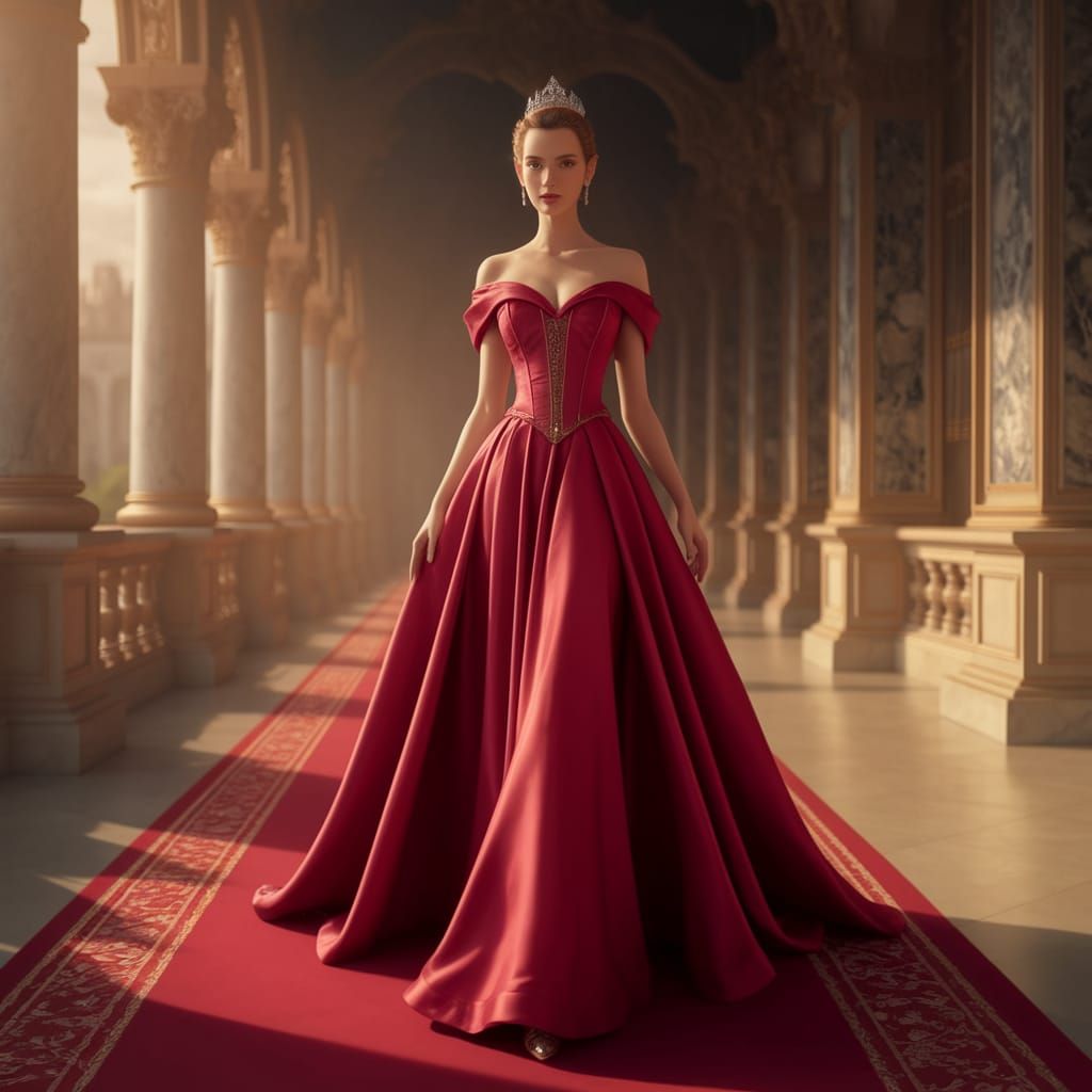 Elegant Princess Walks on Crimson Red Carpet in Palace Setti...